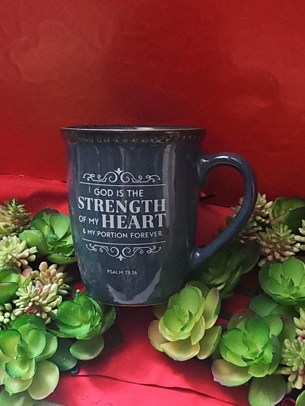 Scripture Inspirational Ceramic Mug Deep Blue — God Is the Strength of My Heart